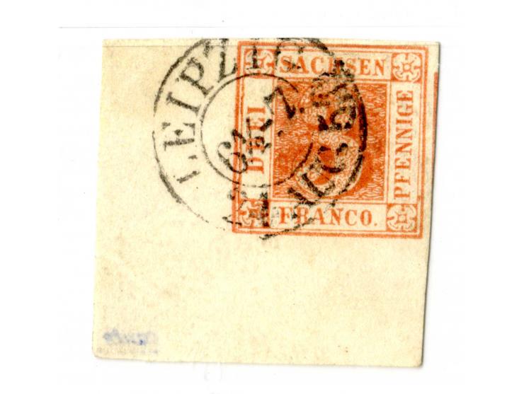 1850, 3 Pfenning ziegelrot, Platte II, Type 16, allseits breitrandige Bogenecke, rechts mit Teil der Zwischenlinie, lins und 