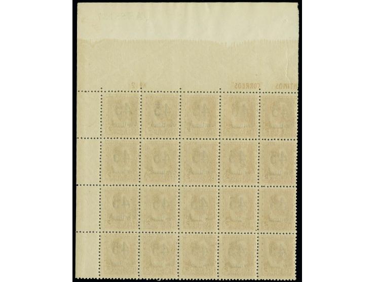 1938, unissued Ibanez 45 c. on 2 c. in block of 20 from upper right sheet corner, unmounted mint (Mi. 1.000,-)