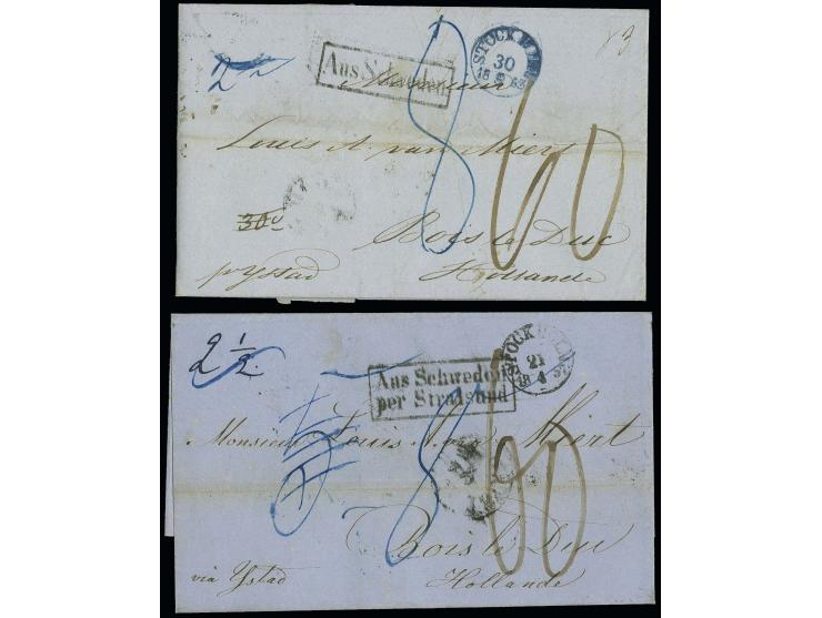 1853/1857, "STOCKHOLM 30.8.1853", date cancellation in blue on folded letter via Ystad and Stralsund with boxed "Aus Schweden