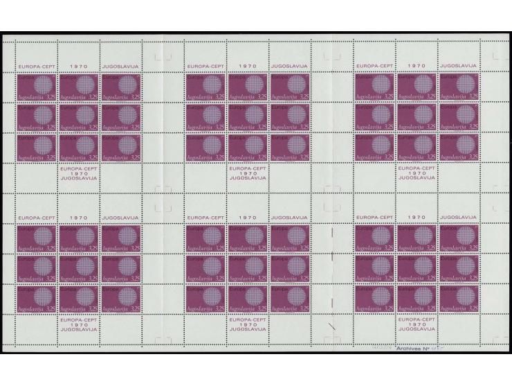 1970, CEPT 1,25 d. and 3,25 d. in complete printing sheets with 6 miniature sheets, the 3,25 d. without number on the sheet m