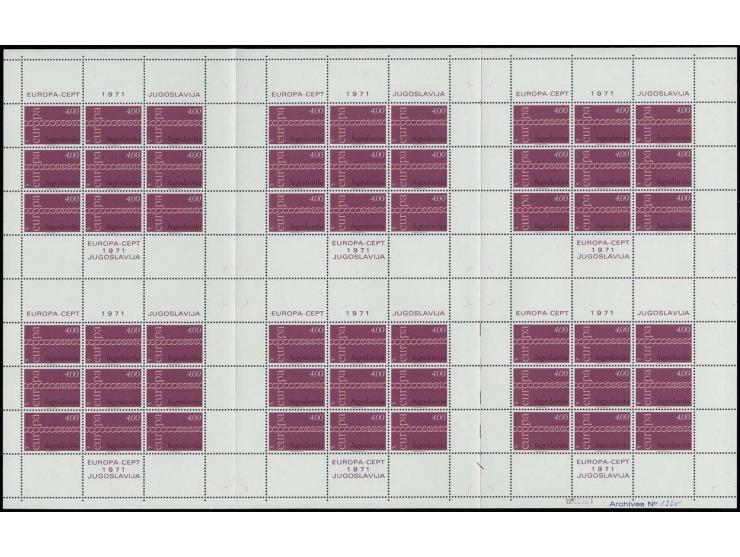 1971, CEPT 1,50 d. and 4 d. in complete printing sheets with 6 miniature sheets each, 4 d. without control number, folded in 