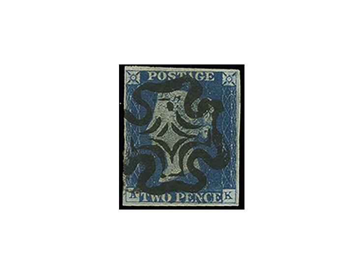 2d. blue, plate 1, AK, showing prominent «shiftet transfer» at base below «NCE» of   PENCE, large regular margins, centrally 