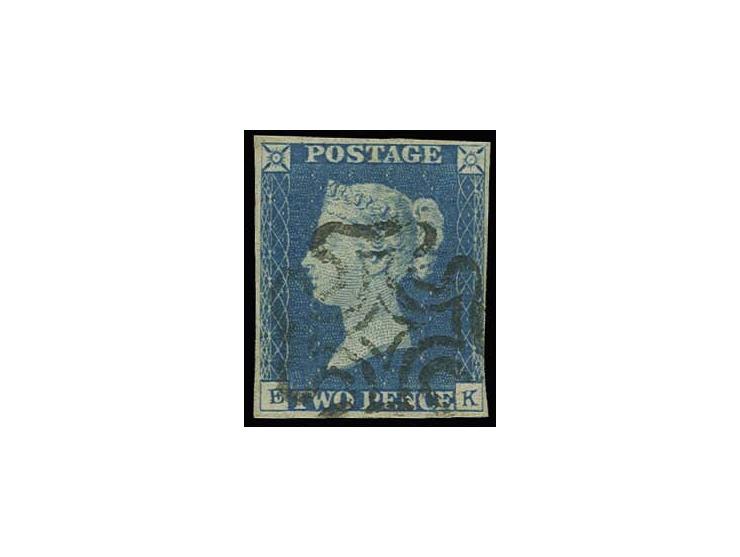 2d. plate 1, EK, with prominent variety «Double Letter K», small to large margins all round, neatly tied by black MC, fine (S