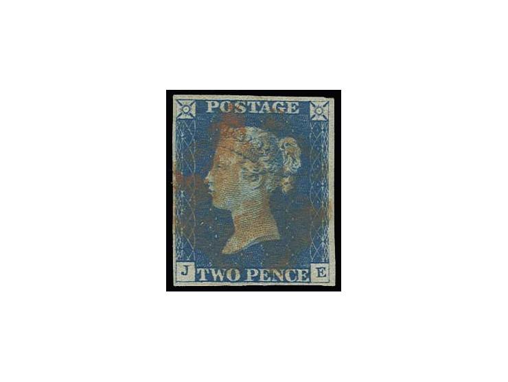 2d. blue, plate 1, JE, large margins, centrally cancelled with red MC, fine (£850.-) 