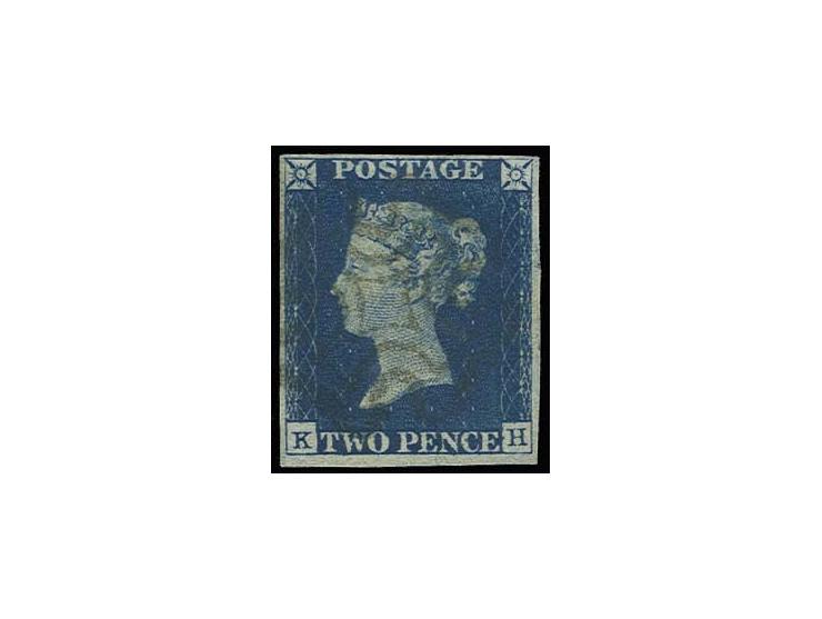  2d. blue, plate 1, KH, large regular margins, lightly cancelled with black MC, very fine (£ 850.-)     