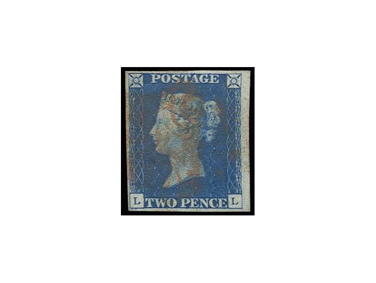 2d. blue, plate 1, LL, large margins and with small part sheet margin at right, cancelled with red MC, fine (£ 850.-) 