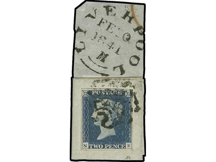 2d. blue, plate 1, NE, very large margins all round, tied by black MC to small piece (with part of the back of the original l