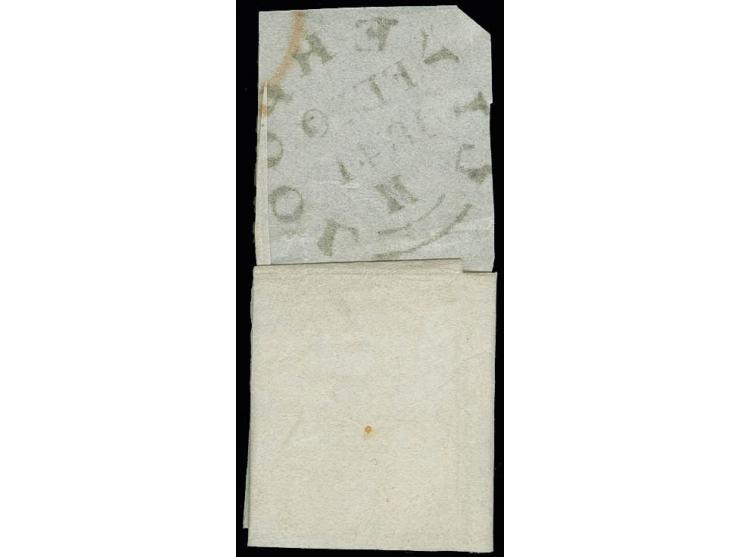 2d. blue, plate 1, NE, very large margins all round, tied by black MC to small piece (with part of the back of the original l