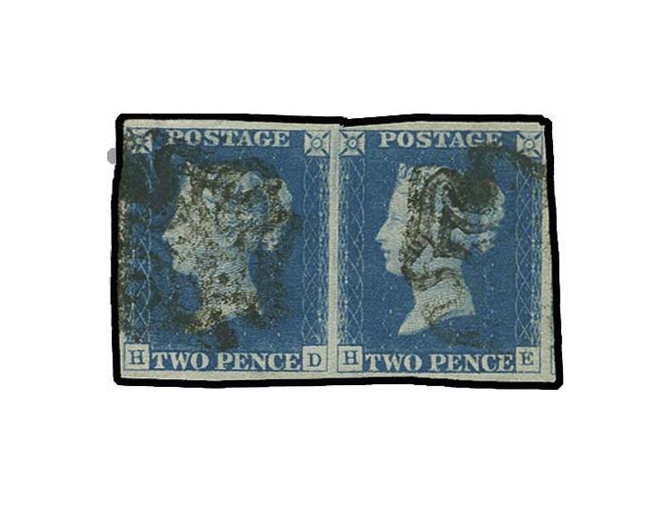 2d. blue, plate 1, horizontal pair HD-HE, small to very large margins, HD with corner crease and extremely small scissor cut 