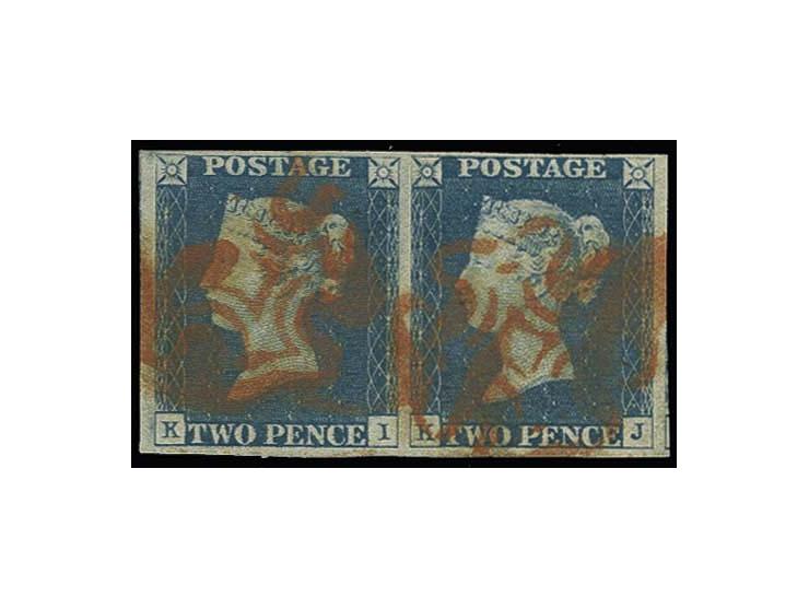 2d. blue, plate 1, horizontal pair KI-KJ, variety «Double Letter I» on KI, very large to enormous margins all round, very min