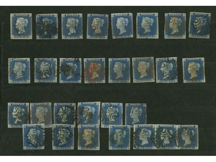 2d. blue, plate 1, the plating selection of 26 singles and a strip of three comprising letterings AI, AJ, BI (variety: shifte