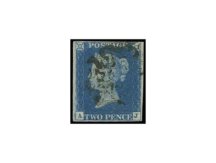 2d. blue, plate 2, AJ, good to large regular margins, cancelled by black MC, fine, signed «pl.2» and Pröschold BPP (£ 1.000.-