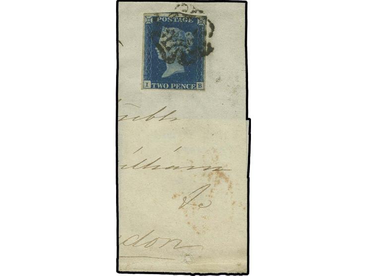  2d. blue, plate 2, IB, good to large margins, tied by black MC to small part cover with part of the reverse showing Du£££bli