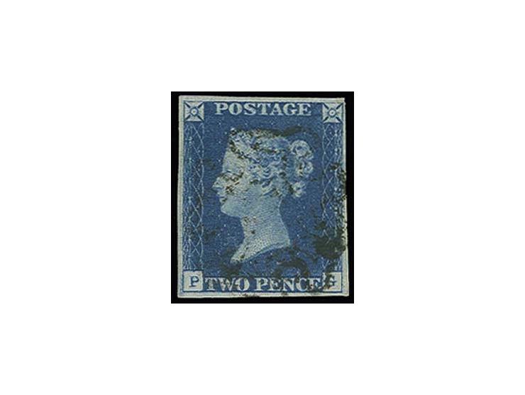 2d. blue, plate 2, PG, large regular margins, lightly cancelled with black MC (£ 1.000.-)        
