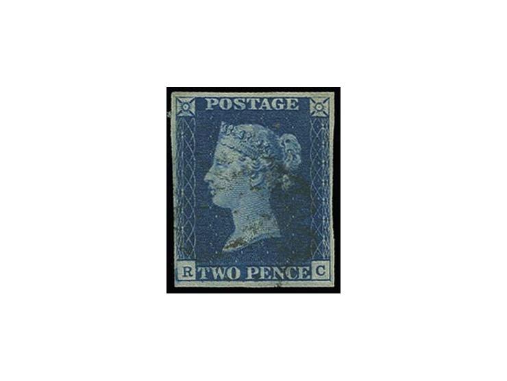 2d. blue, plate 2, RC, good to large regular margins, lightly tied by black MC, fine ( £1.000.-)