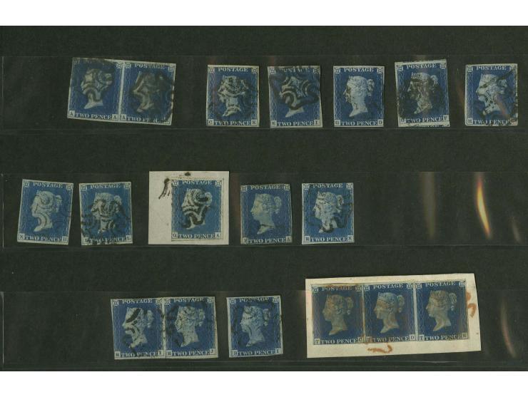  2d. blue, plate 2, the plating selection of  11 singles, two pairs and a strip of three comprising letterings AA+AB (pair), 