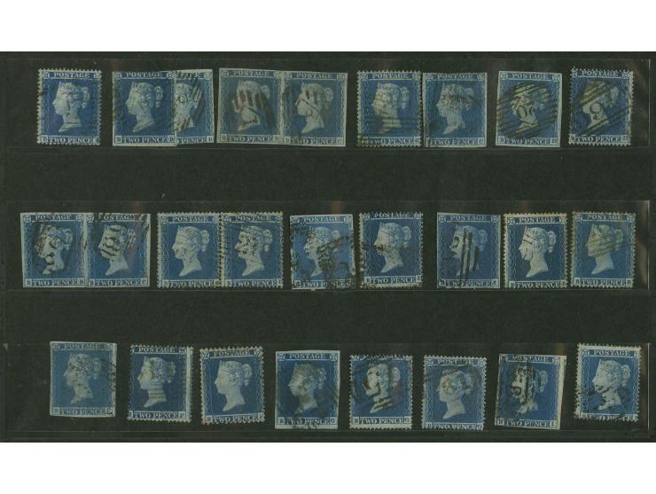 2d. blue, plate 4,  imperforated and perforated, the plating study of the horizontal «B»-row comprising 9 imperf. singles, 2 