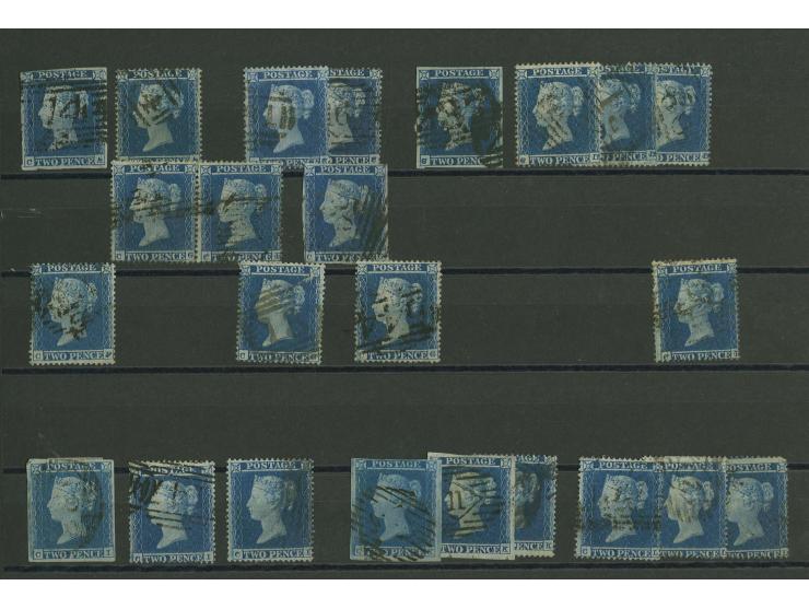 2d. blue, plate 4, imperforated and perforated, the plating study of  the &sbquo;C«-row comprising 6 imperf. singles, 16 perf