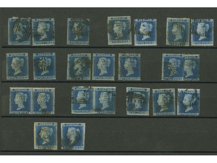  2d. blue, plate 4, imperforated and perforated, plating study of the D-row comprising 7 imperf. singles,  imperf. pair,  11 