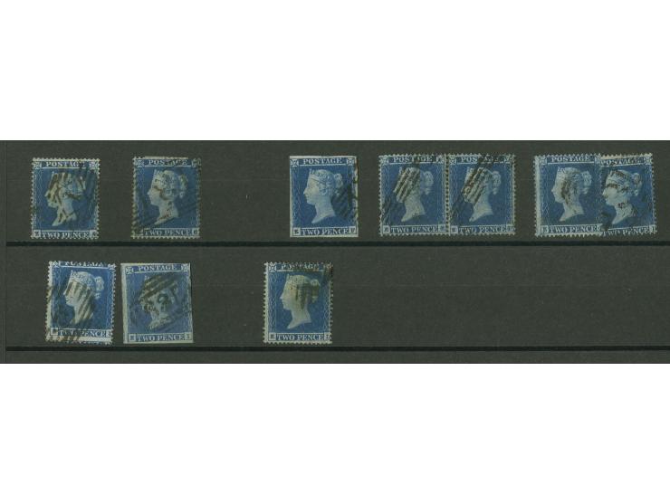  2d. blue, plate 4, imperforated and perforated, plating study of the E-row comprising 2 imperf. singles, 6 perf.16 singles  