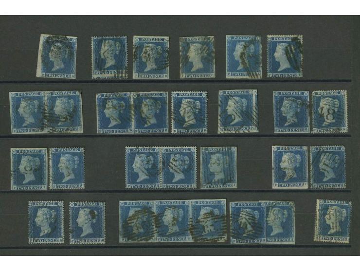 2d. blue, plate 4, imperforated and perforated, plating study of the F-row comprising 11 imperf. singles, 2 imperf. pairs, on