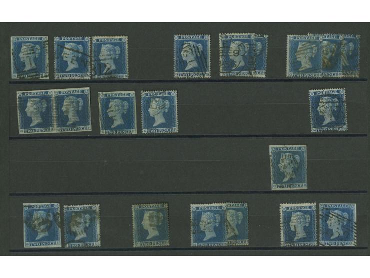 2d. blue, plate 4, imperforated and perforated, plating study of the G-row comprising 5 imperf. singles plus a pair, 11 perf.
