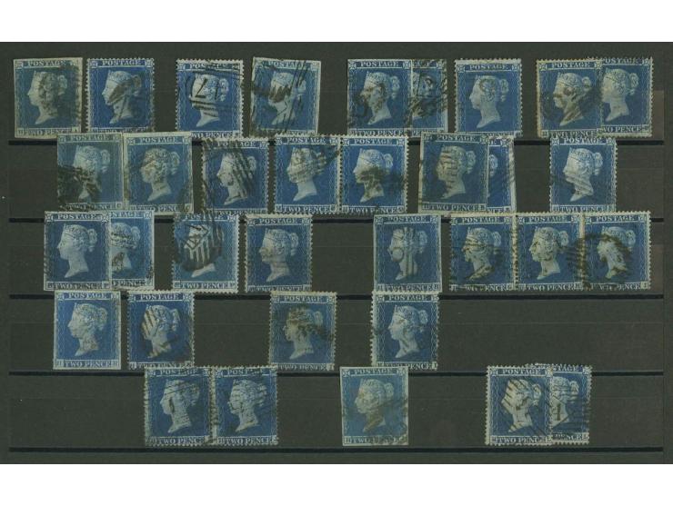 2d. blue, plate 4, imperforated and perforated, plating study of the H-row comprising 13 imperf. singles, 10 perf.16 singles 