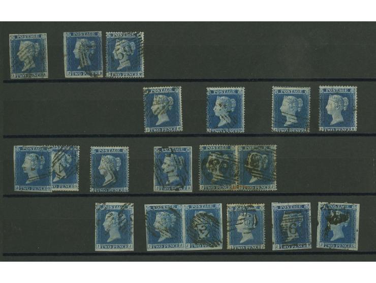  2d. blue, plate 4, imperforated and perforated, plating study of the J-row comprising  7 imperf. singles plus a pair, 7 perf