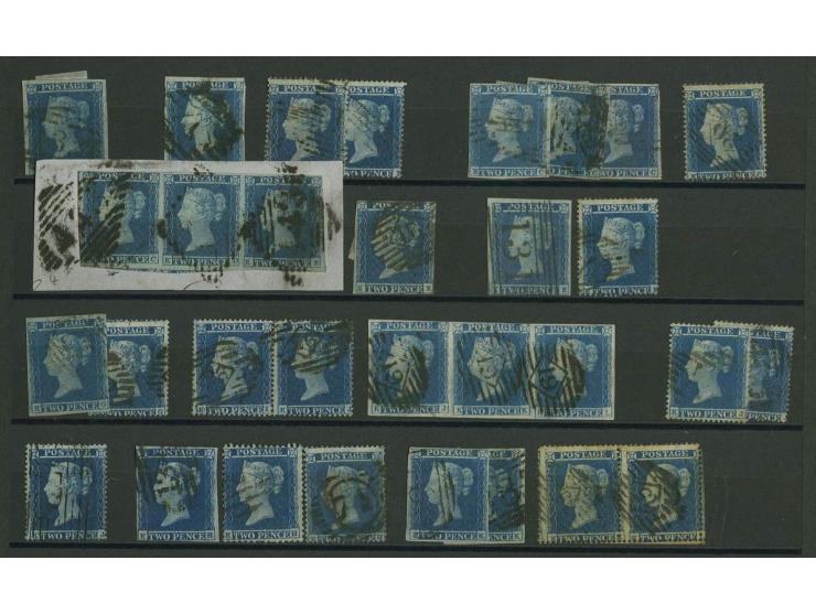  2d. blue, plate 4, imperforated and perforated, plating study of the K-row comprising 11 imperf. singles plus 2 strips of th