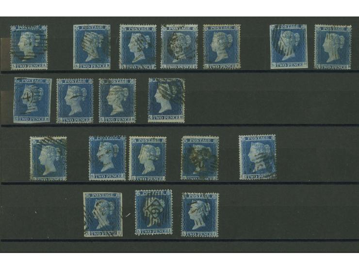  2d. blue, plate 4, imperforated and perforated, plating study of the  L-row comprising  4 imperf. singles, 12 perf. 16 singl