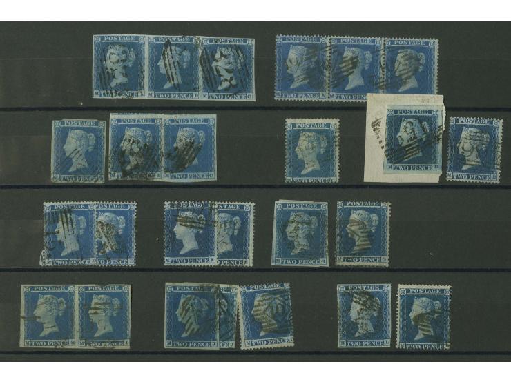  2d. blue, plate 4, imperforated and perforated, plating study of the M-row comprising 6 imperf. singles, 2 imperf. pairs and