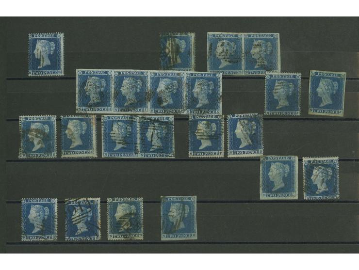 2d. blue, plate 4, imperforated and perforated, plating study of the N-row comprising 3 imperf. singles plus 2 pairs plus a s