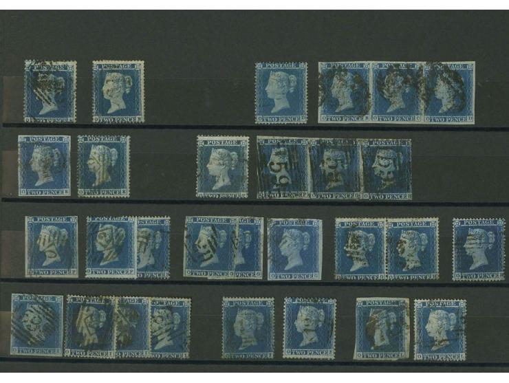  2d. blue, plate 4, imperforated and perforated, plating study of the  O-row comprising 7 imperf. singles and 2 strips of thr