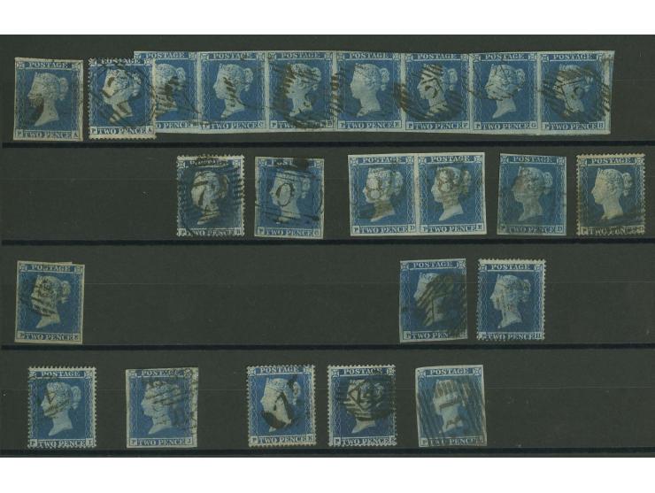  2d. blue, plate 4, imperforated and perforated, plating study of the P-row comprising 7 imperf. singles plus a pair plus a s