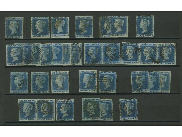  2d. blue, plate 4, imperforated and perforated, plating study of the Q-row comprising 13 imperf. singles plus 2 pairs, 10 pe
