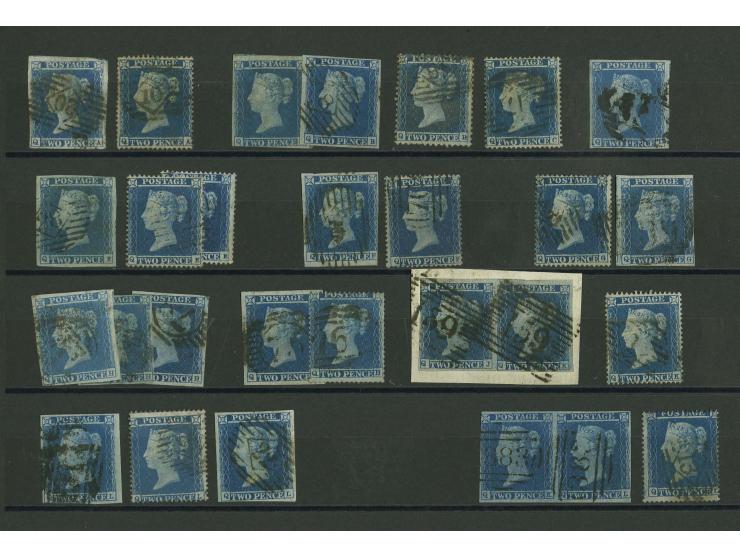 2d. blue, plate 4, imperforated and perforated, plating study of the R-row comprising 20 imperf. singles plus 2 pairs plus a 