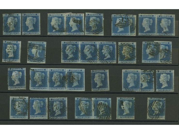 2d. blue, plate 4, imperforated and perforated, plating study of the s-row comprising 10 imperf. singles, a pair and 2 strips