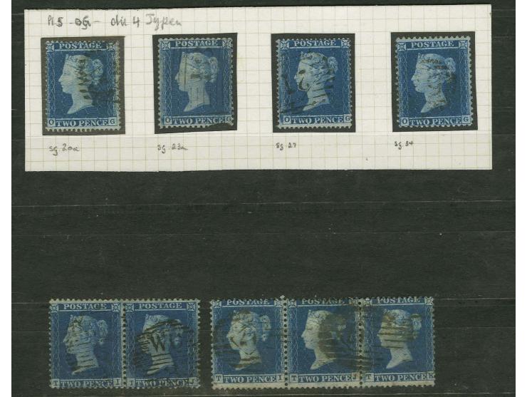 2d. blue, plate 5, the group of four comprising all combinations of watermarks and perforations (S.C.16, S.C. 14, L.C. 14, L.