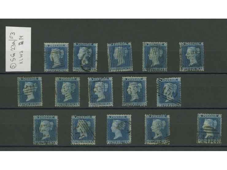 1855, 2d. blue, plate 5, watermark Small Crown, perf. 14, a nice group of  15 singles with different letterings, condition va