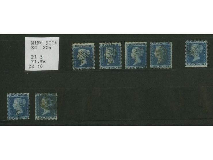  1855, 2d. blue, plate 5, watermark Small Crown, perforated  16, group of 7 singles with different letterings, nice small gro