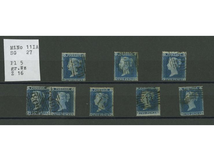  2d. blue, plate 5, watermark Large Crown, perforated 16, small group of 6 singles plus a pair, mostly good to fine few small