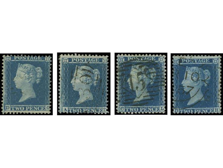  1855/ 57, 2d. blue, plates 5 and 6, perforated 14 , Large Crown watermark, the fascinating study of «matched letterings» fro