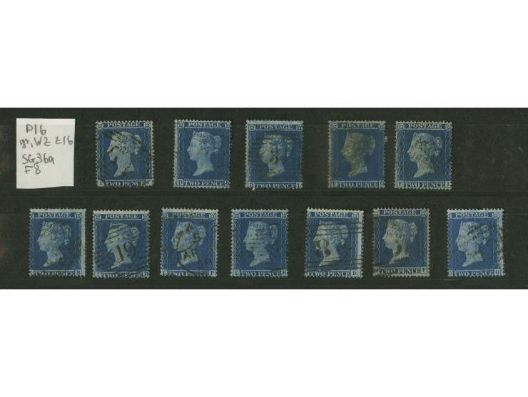 2d. blue plate 6, watermark Large Crown, perf. 16, small group of 12 singles, including AF re-entry (state 2) few imperfectio