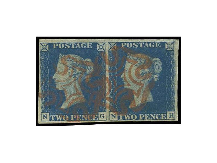 2 d. blue, Plate 1, horizontal pair (NG-NH), good to wide margins all around and fresh colour, used with two clear red MC, fi