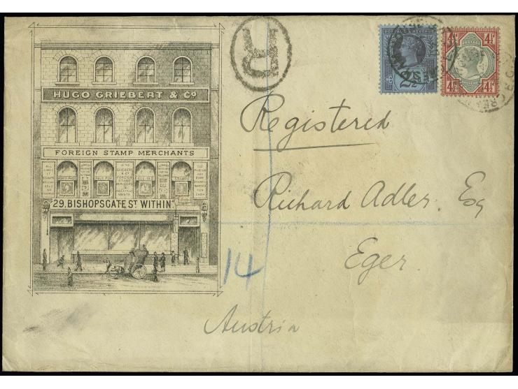 1887/92, Jubilee 4½ d. and 2½ d. tied to registered illustrated envelope 'Hugo Griebert & Co./Foreign stamps merchants' 1897 