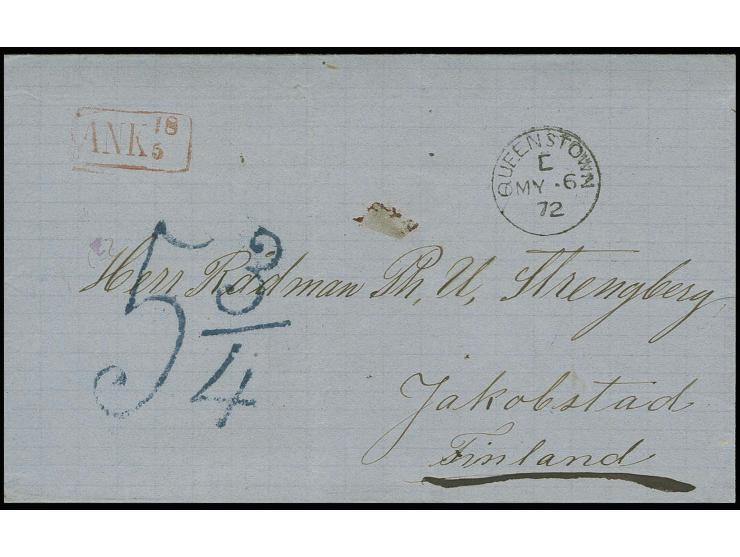 "QUEENSTOWN MY 6 76" on lettersheet via St. Petersburg to Jakobstad in Finland with clear blue accountancy mark "5 3/4" and r