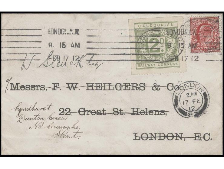 1912, Caledonian Railway Company Privatpostmarke 2 d. grün zusammen mit Edward 1 d. auf Brief nach London, dort nachgesandt n