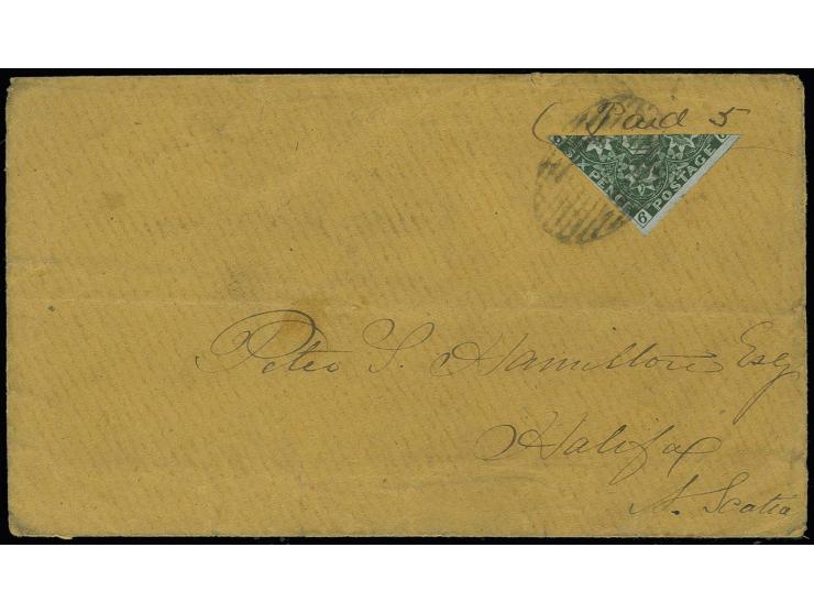 1851/60, 6 d. deep-green, bisect with clear to wide margins, tied by oval of bars to envelope of March 6, 1860 with adjacent 