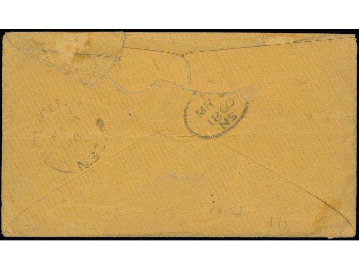 1851/60, 6 d. deep-green, bisect with clear to wide margins, tied by oval of bars to envelope of March 6, 1860 with adjacent 