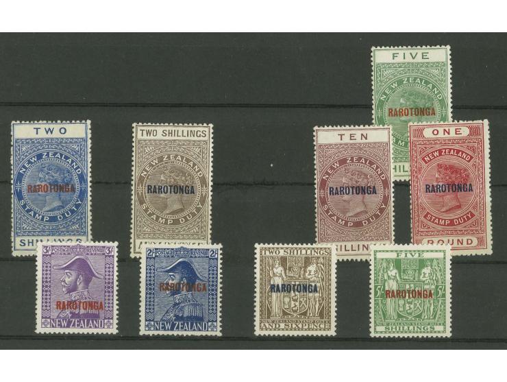 1921/23, overprint "RAROTONGA" on postal fiscal stamps 2 s.-1 £ and 1926/28, 2 s.-3 s. and 1931/32, 2 s. 6 d. and 5 s., unuse